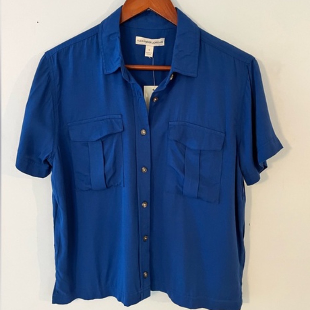 NWT Alexander Jordan Blue Quartz Short Sleeve Collared Top Blouse Size L